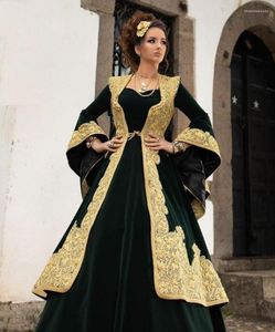 Feestjurken Albanese Caftan Green Evening Flared Long Sheeves Velvet Lacetraditional Kosovo Prom -jurken Outfits