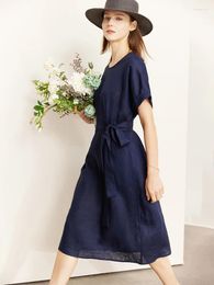 Robes de soirée AMII minimaliste femmes robe 2024 été lin Niche mode tempérament artistique col rond robes 12342278