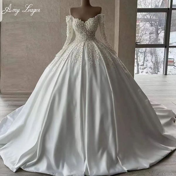 Robes de soirée AmyLvager romantique chérie cou à lacets robe de mariée robe de mariée 2023 luxe perlé appliques à manches longues princesse mariée 230306