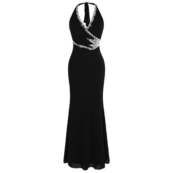 Vestidos de fiesta Angel-fashions Halter rebordear plisado vestido de noche formal vestido largo negro 474Party