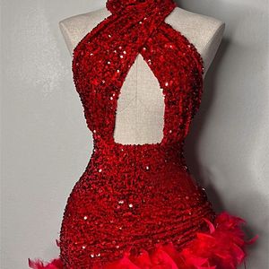 Feestjurken Angel Novias Red Sexy Mini Sequins Prom -jurken met veren Afrikaans zwart meisje Cocktail Party Homecoming Graduation Dress 230310