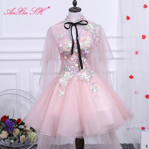 Robes de soirée AnXin SH Coréenne Courte Princesse Rose Fluffy Illusion Douce Mode Fleur Noir Arc Avec Dentelle Châle Robe De Soirée