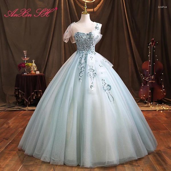 Robes de fête anxin sh vintage baby bleu dentelle fleur o cou perle scintillant cristal grand arc robe de soirée princesse de la mariée princesse