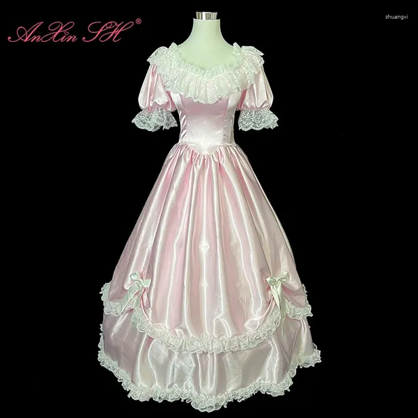 Robes de fête anxin sh vintage princesse rose rose satin dentelle blanche dentelle grosse arc o cou manche bouffée courte robe de soirée antique