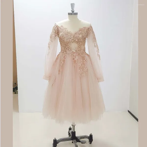 Robe de soirée en tulle rose, manches longues, col rond, longueur aux genoux, pour occasions spéciales, bal de luxe, chic, ligne a, pour femmes