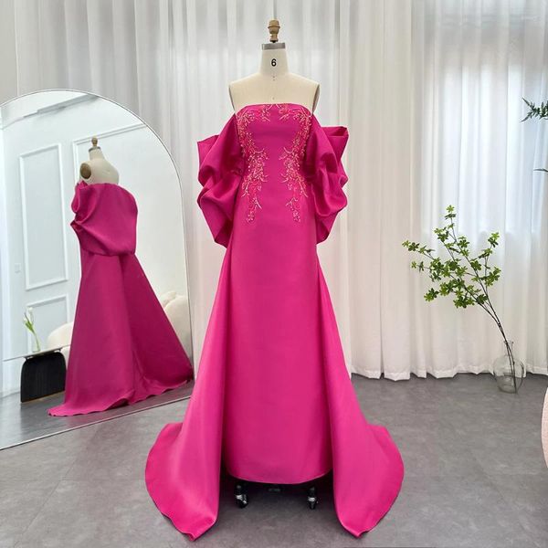 Vestidos de fiesta Árabe Fucsia Sirena Dubai Noche de lujo con capa Mantón Mujeres Vestidos largos de invitados de boda