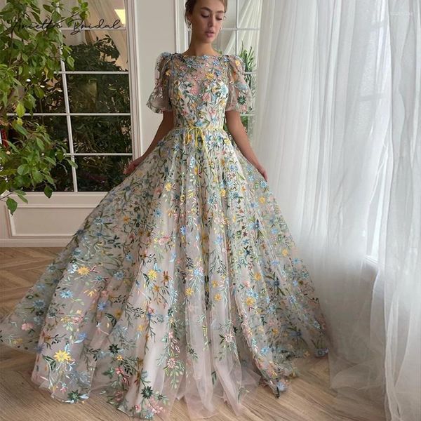 Vestidos de fiesta Arietta Bordado floral Encaje Maxi Prom Escote transparente Mangas cortas Una línea de boda Vestidos de noche formales