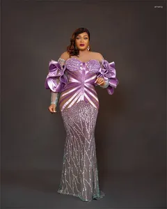 Feestjurken Aso Ebi Purple Africa Dames Mermaid Evening Luxe 2024 Kralen Lace Ruffles Dress Formal Prom Plus Maat