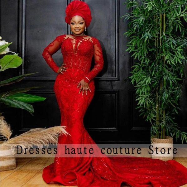 Robes de soirée Aso Ebi rouge paillettes dentelle soirée 2023 nigérian pour les femmes à manches longues sirène robe de bal robes de mariée