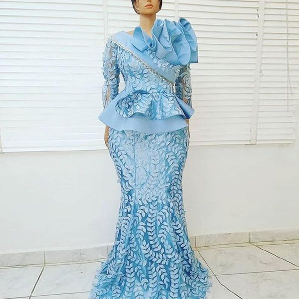 Robes de soirée Aso Ebi Style 2023 Bal Dentelle Bleu Sirène Robe Africaine Tenue De Mariage Manches Longues Nigérian Arabe Robe De Soirée
