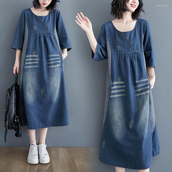 Robes de soirée automne été femmes rétro grande taille col rond bouton trou Patchwork jean demi manches pour les femmes Denim mince une pièce