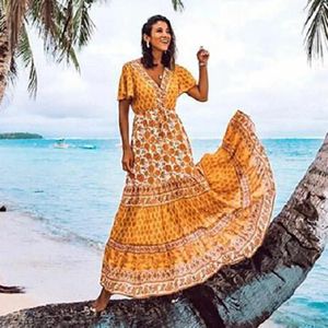 Robes de fête Ayualin Boho Long Robe pour femmes Vintage Coton Rayon Floral Imprimé en V V Vestidos Summer Beach Vestidos