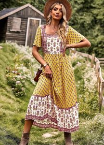 Feestjurken Ayualin Vintage Summer 2023 Bohemia Rayon Cotton Bloemprint Lange jurk Women Robe Boho Vestidos