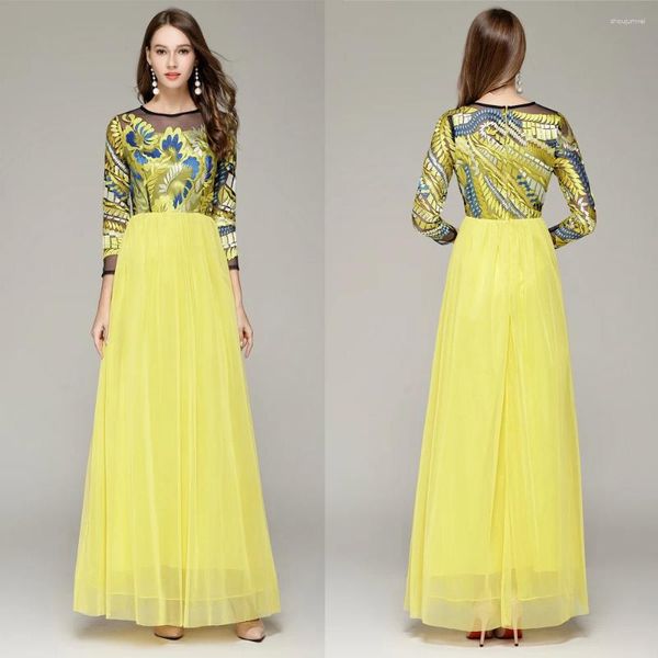 Robes de fête b0074 broderie tulle robe de bal jaune de bal jaune manches longues formelles