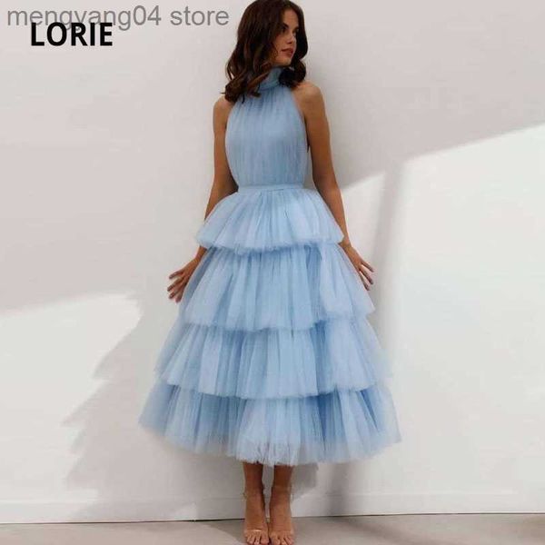 Robes de soirée bébé bleu robes de bal col haut à plusieurs niveaux tulle thé longueur dos nu été arabe robe de soirée de mariage robe de graduation 2021 T230502