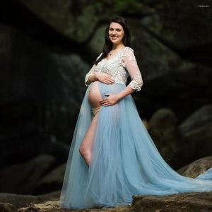 Robes de soirée bébé bleu tulle maternité dentelle appliques col en V robe de bal robes de douche boho avant fente robe de mariée