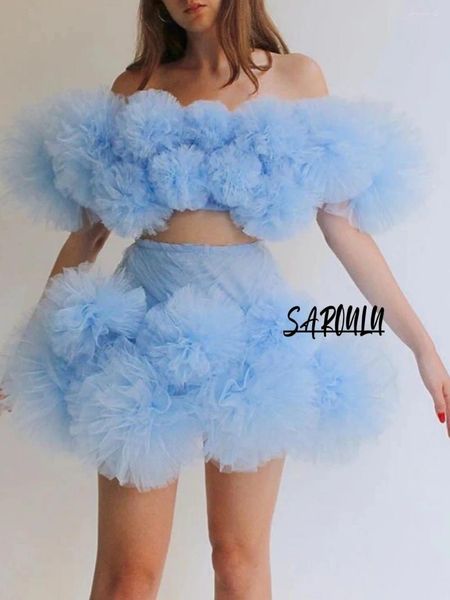 Robes de fête Bébé bleu deux pièces robe de soirée à volants d'anniversaire sans bretelles