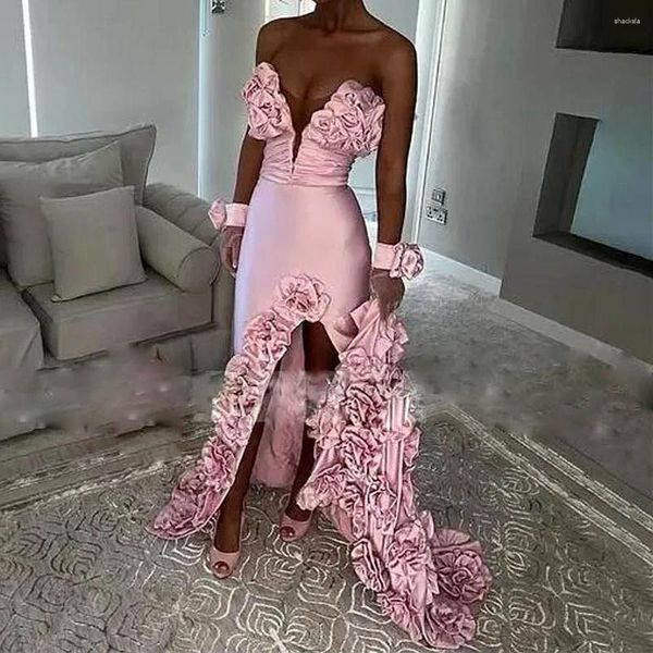 Robes de fête Baby Pink Sirène Prom avec des fleurs faites à la main Robe de soirée à fente haute réception de mariage sexy sans gants