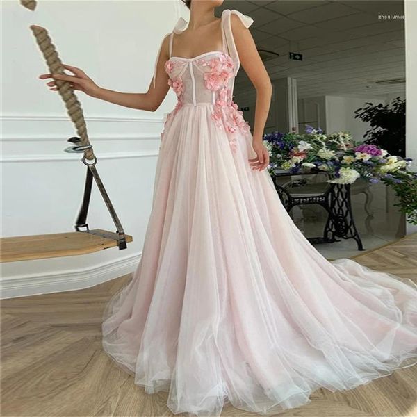 Vestidos de fiesta Baby Pink Prom Spaghetti Straps Flores 3D Vestido de noche largo Tulle Court Train Girl Celebrity Dress 2023