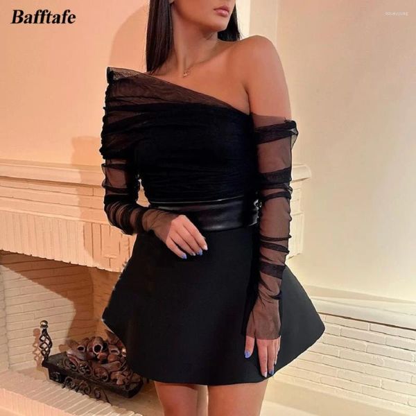 Robes de fête bafftafe noire une ligne mini bal hors de l'épaule tulle manches longues robes de maison formelle fille fille de danse 2024