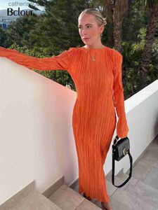 Robes de soirée Bclout Élégant Orange Robe Serrée Femmes 2023 D'été O-cou À Manches Longues Robe Plissée De Mode Taille Haute Sexy Robes Longues Femme T230602