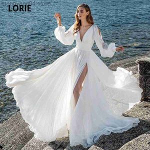 Robes de soirée plage robes de mariée en mousseline de soie blanc 2020 manches longues bouffantes col en V haute fente robes de mariée dos ouvert robes de soirée de mariage T230502