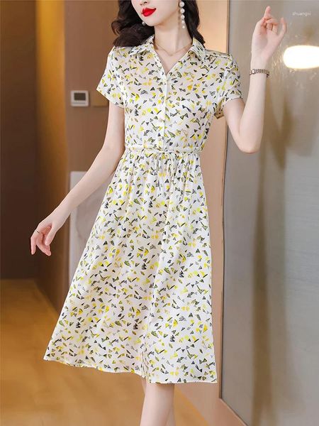Robes de fête de fête Summer Vintage Silk Satin Midi Femmes Robe 2024 Fashion Imprimée coréenne Taunique élégant Festa Luxo Soirée pour