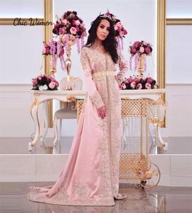 Feestjurken Mooie Marokkaanse Kaftan Pink Evening Jurk 2024 Abaya Lange mouw formele gelegenheid jurken Irish Prom V Neck Women