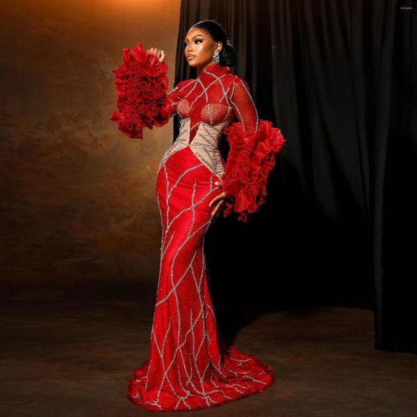 Robes de soirée belle rouge africain dentelle perlée fausse sirène bal volants tulle manches évasées robes longues de luxe