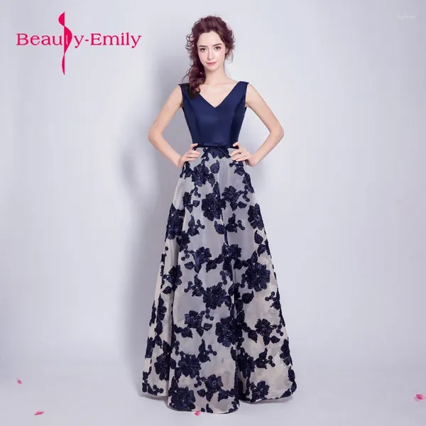 Vestidos de fiesta belleza Emily azul noche 2024 Vestido De fiesta con cuello en V vestidos de graduación bordado flor Vestido Formal Mujer