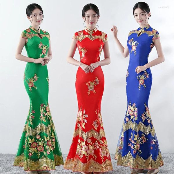 Robes de fête Big Size4xl vintage chinois Formal Cheongsam Long Robe National Femmes Embroderie Sirène paillette Robe de soirée Qipao Floral