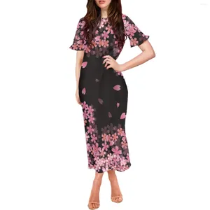 Robes de soirée Noir Dackground Cherry Blossom Design Imprimer Été Style Polynésien Robe à manches courtes Luxe Lotus Femme