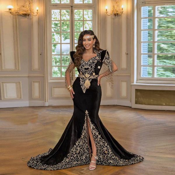 Robes de soirée noir élégant robe de soirée exquise A-ligne étage longueur appliques perles gland avec train bal sur mesure, plus la taille