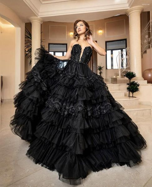 Vestidos de fiesta Vestido de noche negro Lazo Cariño Apliques de encaje Cuentas de lentejuelas Sin espalda Con gradas hasta el suelo Elegante vestido de fiesta