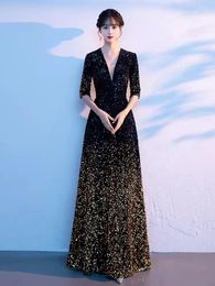 Feestjurken Black Gradient gouden vloer-lengte luxe prom jurk dames zomer v-hals verbanden Backless sexy avondjurk