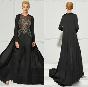 Robes de soirée combinaison noire robes de soirée avec veste deux pièces appliques perles Illusion robe de bal mère de la mariée formelle