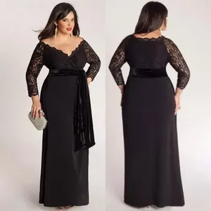 Feestjurken zwart kant recht op maat gemaakte plus size prom jurk formele jurk off-shoulder elastische satijn met lange mouwen lange mouwen