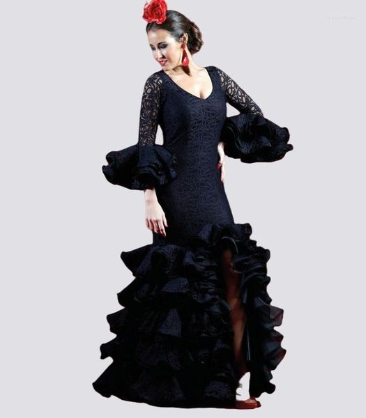 Robes de soirée sirène noire danse soirée occasion avec manches longues Trajes De Flamenca Traje Gitana Graciela Encaje robe de bal