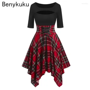 Feestjurken Zwart Geruite Gothic Jurk Vrouwen Vintage Preppy Sexy Hoge Taille Asymmetrische Casual Goth Punk Kleding Korte Vestidos