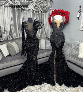Vestidos de fiesta Plumas de manga larga de lentejuelas negras Prom 2024 Luxury With Gloves Girls Mermaid en Dress Night Cocktail