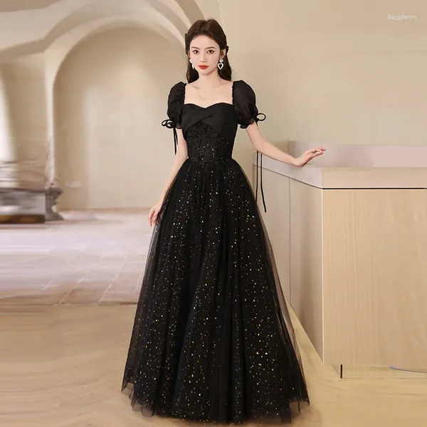 Robes de soirée noir paillettes longue sueur dame fille femmes princesse bal performance banquet robe de bal robe à manches longues