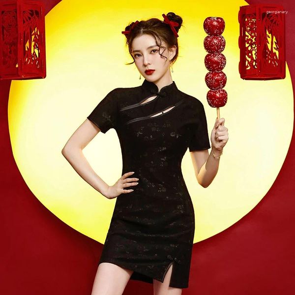 Vestidos de fiesta Negro Sexy Mejorado Cheongsam Verano Slim Una línea Vestido Chica joven Elegante Hueco Chic Estilo chino Mujeres Qipao Vestidos