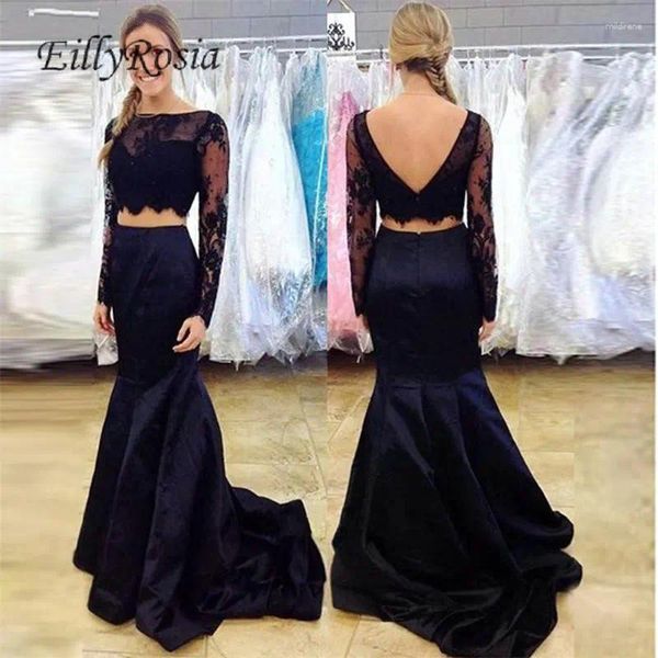 Vestidos de fiesta Negro Dos piezas de fiesta de manga larga de encaje sin espalda Vestido de gala de chicas sexy para vestidos de noche de sirena Jurken