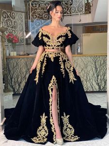 Robes de soirée caftan de velours noir soirée lanterne manches courtes or dentelle appliques cristal perlé fente deux pièces robe de bal