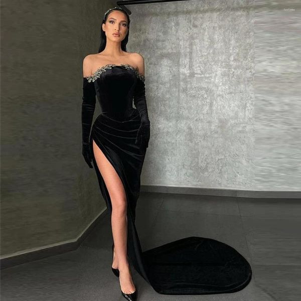 Robes de soirée Black Velvet Mermaid Soirée Sexy Off-The-Shoulder Sans Gants Côté Haute Split Robes De Cocktail Princesse Prom 2023 Robe