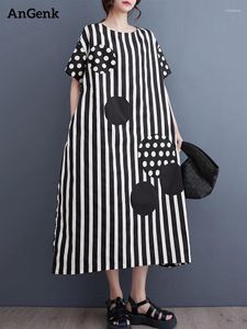 Feestjurken zwarte vintage streep print korte mouw zomer voor vrouwen Koreaanse mode losse casual lange jurk elegante kleding 2024