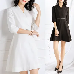 Robes de soirée noir/blanc couleur unie col en V robe pour bureau dame femmes 3XS-10XL OL une ligne robes