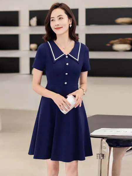 Robes de fête Blue Office Lady professionnelle A-Lline Fomen's Formel Patchwork Robe Summer Black Grey Short Sleeve Elegant Festival Mini