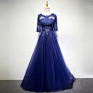 Robes de fête Blue Tulle Long Lace Femme Elegant Ladies Sleeve O-Kick Evening Vestidos