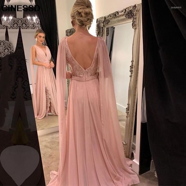 Vestidos de fiesta Blush Pink Evening 2023 con cuello en V Cape Prom Dress Formal gasa Lace Side Split Backless vestido árabe